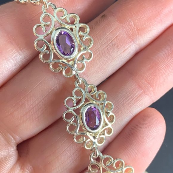 Vintage Sterling Silver 925 Amethyst Scroll Link Tennis Bracelet 7.75" Long - Picture 2 of 13